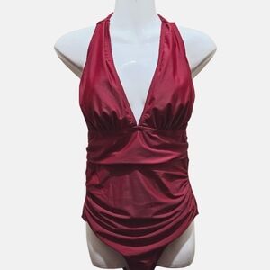 CUPSHE One Piece Swimsuit Halter Backless Swimwear Women M Red Wine